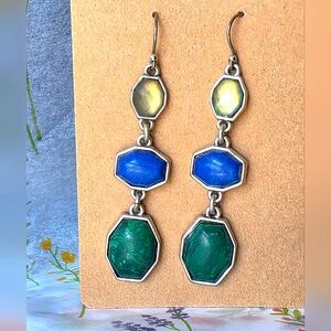 Blue and Green Stone Dangle Earrings with Silver Framework